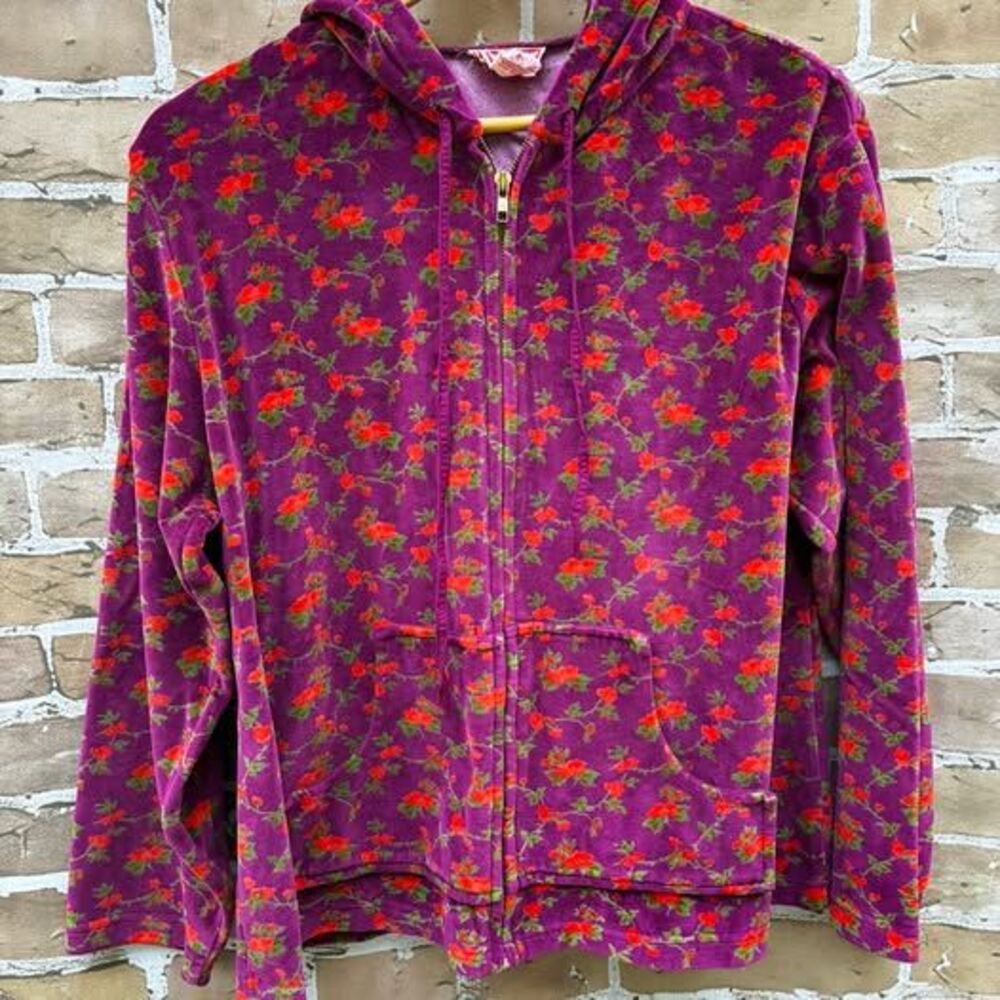 Vtg April Cornell M Floral Velour Zip-Up Hoodie Size M